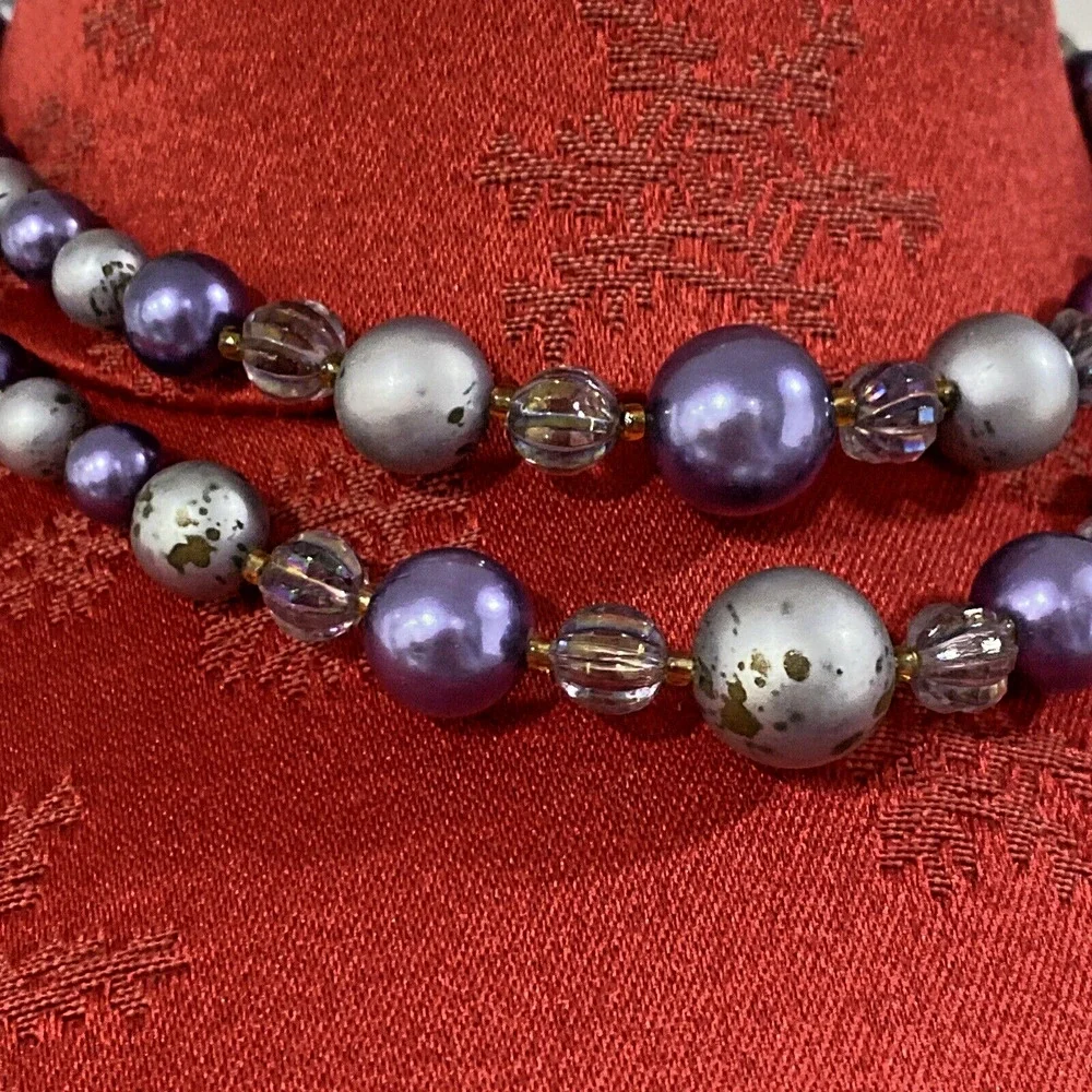 Vintage Mid Century Two Strand Choker Necklace Purple Gray Beaded Signed Japan